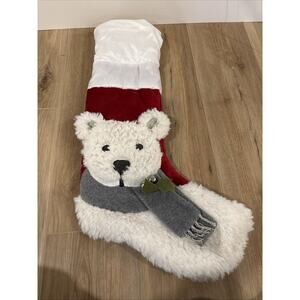 Christmas Stocking Fuzzy Bear With Bell & Scarf 24” Vintage